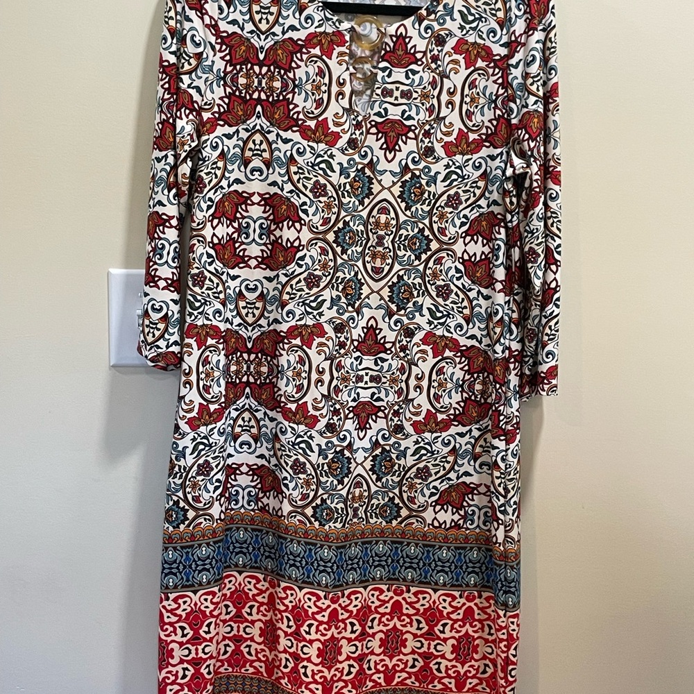 Tacera Red and Blue Patterned Long Sleeve Dress